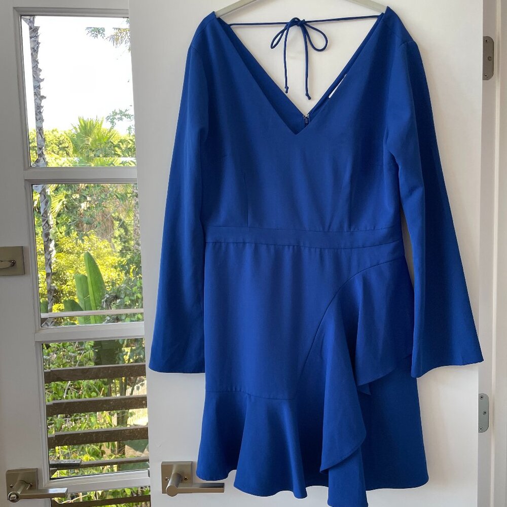Cooper St Long Sleeve Ruffle Mini Dress in Cobalt Blue, Back Tie, V-Neck, 12